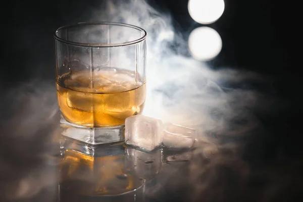 Whiskey Ice Black Background Smoke — Stock Photo, Image