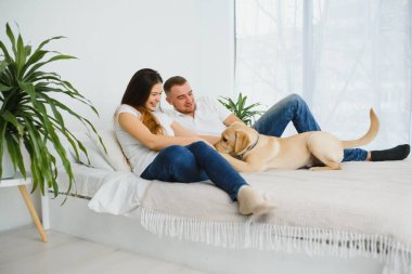 Neşeli esmer genç bayan en sevdiği köpeğiyle yatakta oynarken kocası dizüstü bilgisayarında sosyal ağlarda geziniyor hafta sonlarını yatak odasında geçiriyor. İç atmosfer