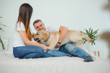 Evde köpeği olan genç bir çift. Genç bir adam ve bir kadın evde köpekle oynuyorlar..