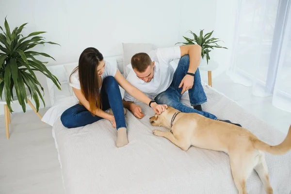 Young couple with a dog at home. Young man and a woman playing at home with dog.