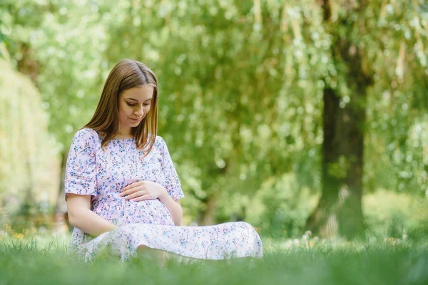 Mooie Zwangere Vrouw Ontspannen Het Park — Stockfoto