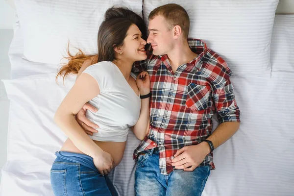 Happy Pregnant Family Lies House Bed — Stock Photo, Image