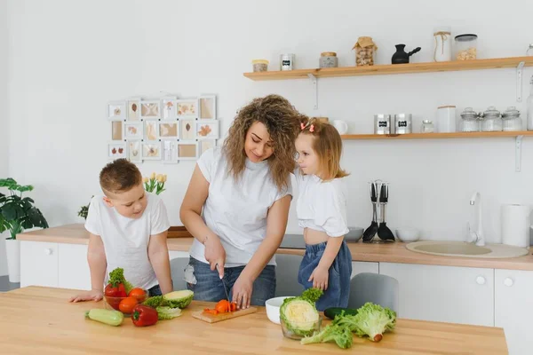 Молодая Мать Двое Детей Делают Овощной Салат — стоковое фото