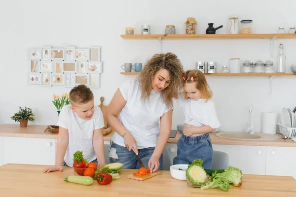 Anne Çocuklar Evde Sebze Salatası Hazırlıyorlar — Stok fotoğraf