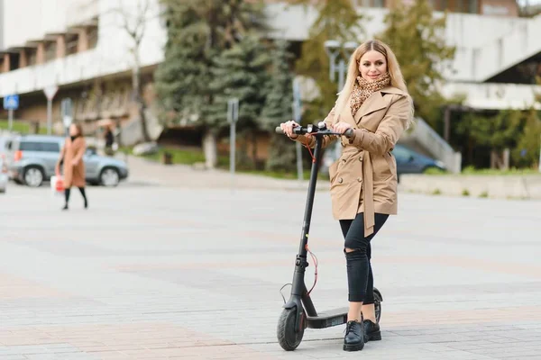 Girl Electric Scooter Riding Old City Center — Fotografia de Stock