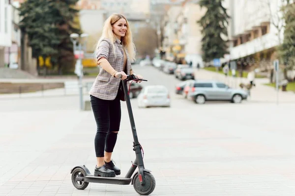 Girl Electric Scooter Riding Old City Center — Stock Photo, Image