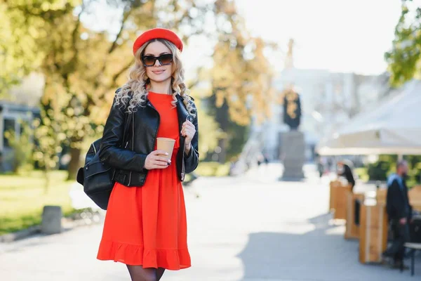 Stylish Beautiful Woman Walking Street Red Dress Fashion Trend Holding — Stockfoto