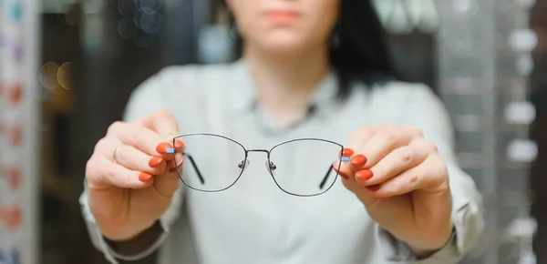 Closeup Optometrist Optician Giving Glasses Try — Stock Photo, Image