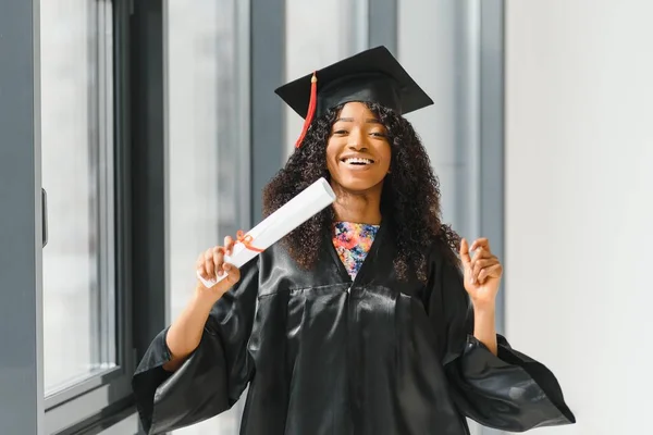 Cheerful African American Graduate Student Diploma Her Hand — Stock Photo, Image