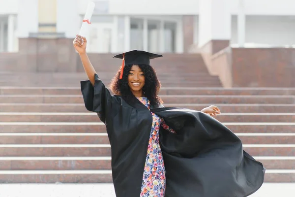 Cheerful African American Graduate Student Diploma Her Hand — Stock Photo, Image