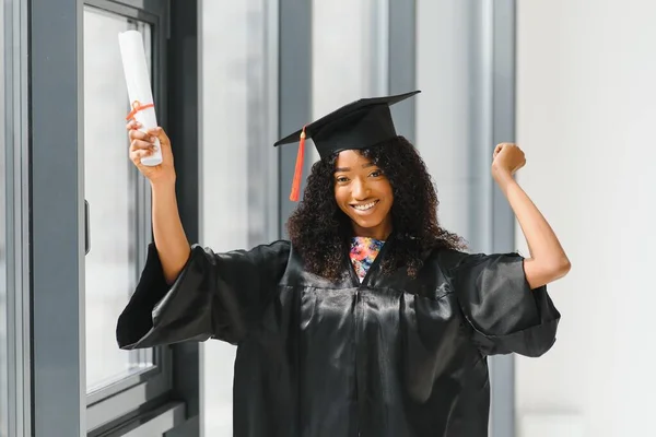 Cheerful African American Graduate Student Diploma Her Hand — Stock Photo, Image
