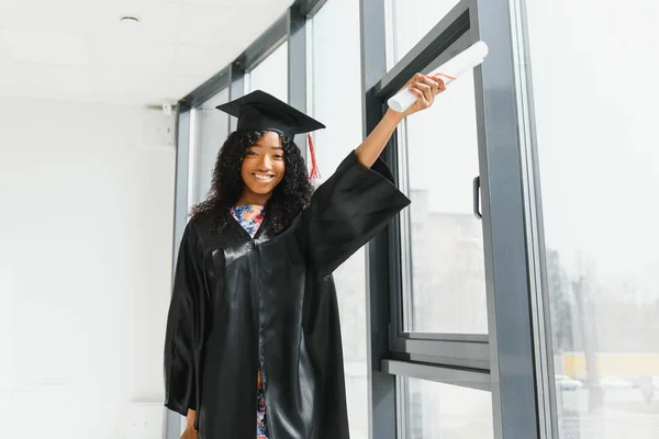 Cheerful African American Graduate Student Diploma Her Hand — Stock Photo, Image