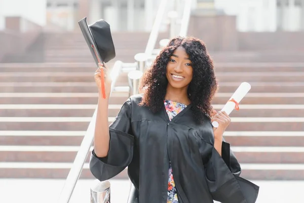 Cheerful African American Graduate Student Diploma Her Hand — Stock Photo, Image