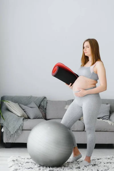 Smiling Pregnant Woman Sportswear Ready Morning Gymnastics Exercise Happy Young — Stock Photo, Image