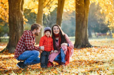 mutlu genç aile açık sonbahar parkta vakit