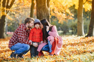 Genç aile Park'ta yürüyordunuz. Sonbahar.