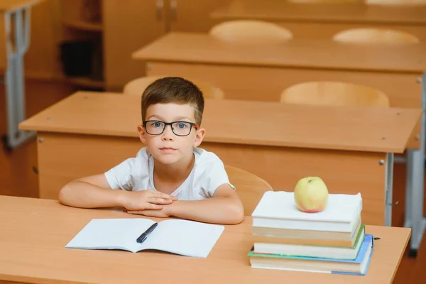 Elementary School Jongen Klas Bureau Zoek Naar Nieuwe Ideeën Voor — Stockfoto