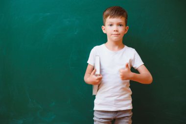 Okul konseptine geri dönelim. Sınıftaki okul çocuğu. Yeşil tahtaya karşı mutlu çocuk. Sınıftaki akıllı çocuk. Fikir ve eğitim kavramı