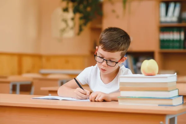 集中して男子生徒の机に座ってだと同級生の後ろに座って練習帳に書いて — ストック写真