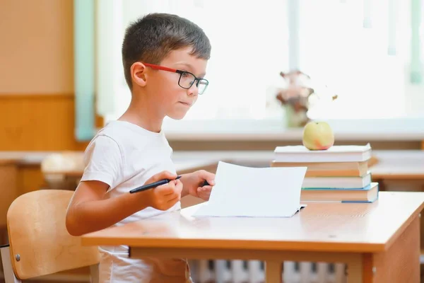 Elementary School Jongen Klas Bureau Zoek Naar Nieuwe Ideeën Voor — Stockfoto