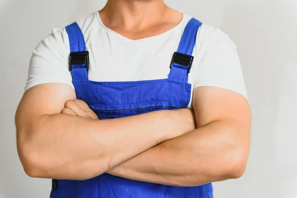 Portret Gelukkige Arbeider Uniform Witte Achtergrond Geïsoleerd Reparatieservice Concept — Stockfoto