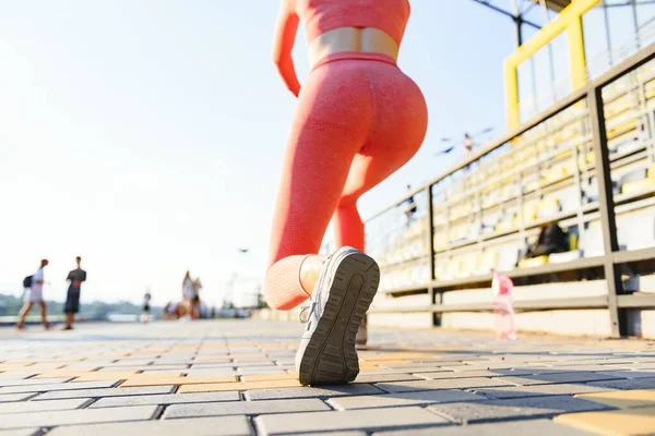 Runner Feet Running Road Closeup Shoe Woman Fitness Sunrise Jog — Stock Photo, Image