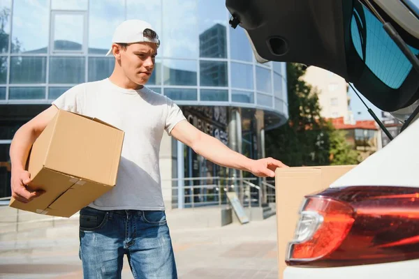 Smiling Delivery Man Standing Front His Car — Stock Photo, Image