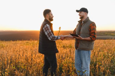 İki çiftçi, olgunlaşmış soya fasulyesi tarlasında el sıkışıyor ve ortaklığı ve tarım teknolojisini simgeliyor.