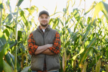 Genç adam yemyeşil bir mısır tarlasında duruyor, kolları çapraz, kameraya gülümsüyor. Tarım ve hasat temsilcisi
