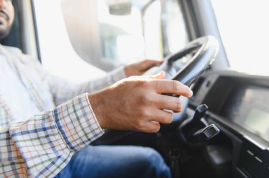 Hintli sürücü yolda büyük bir nakliye kamyonunu güvenli bir şekilde kullanıyordu. Meslek, dağıtım ve lojistik kavramı