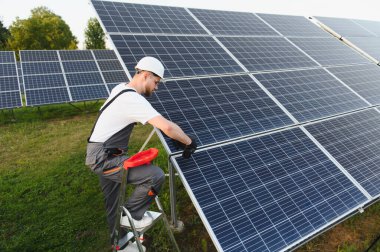 Çimenli bir alana güneş panelleri kuran ve bağlayan işçiler, teknisyen temiz enerji için fotovoltaik düzenek düzenliyor