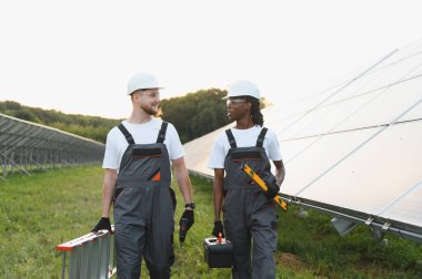 Bir merdiven ve alet çantası taşıyan iki farklı teknisyen bir güneş enerjisi santralinde çalışıp yenilenebilir enerjiyi teşvik ediyorlar.