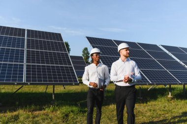Güneş çiftliğinde yürüyen iki farklı mühendis yenilenebilir enerji ve sürdürülebilir gelişimi tartışıyor.