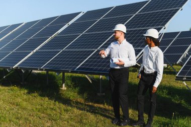 Geniş bir güneş paneli parkında proje planlarını tartışan iki farklı mühendis, yenilenebilir enerji gelişimi üzerinde çalışıyorlar.
