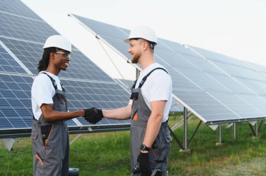 Çok ırklı mühendisler, temiz yenilenebilir enerji üretimini güvence altına alarak, güneş paneli alanındaki bir projeyi başarıyla tamamlıyorlar.