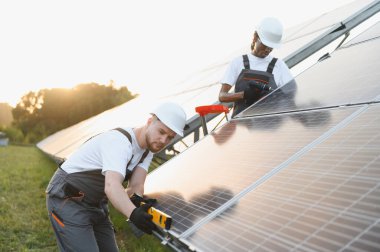 Güneşli bir güneş çiftliğine fotovoltaik paneller kuran çeşitli güneş mühendisleri ekibi sürdürülebilir enerji çözümleri üzerinde işbirliği yapıyorlar.