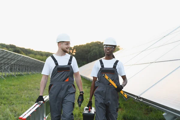 Çeşitli mühendisler alet ve merdiven taşıyıp yenilenebilir enerji çiftliğine güneş panelleri yerleştirecek ya da onaracak.