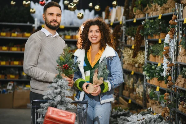 Bayram süsleri ve küçük noel ağaçları seçen genç çift, bayram mevsimi kutlamalarına hazırlanıyor.