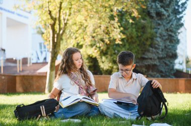 Okul binasının yakınındaki temiz hava ve güneşin tadını çıkarırken çimde oturan öğrenciler ödevlerini yapıp ders çalışıyorlar.