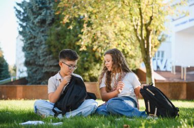 Okul çocukları yeşil çimlerde oturuyor, okul çantalarını kampüste hazırlıyorlar. Genç öğrenciler açık hava derslerine hazırlanıyorlar.
