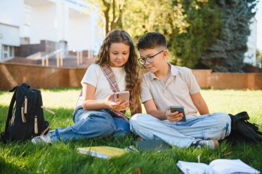Okul çocukları çimlerin üzerinde oturur, sırt çantaları ve kitaplarla telefonlara bakarlar. Kampüse bağlanan arkadaşlar