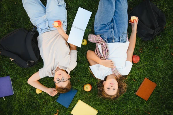 Okul çocukları yeşil çimlerde yatar, kitap okur, parkta ya da okul kampüsünde elma yer, boş zamanların tadını çıkarırlar.