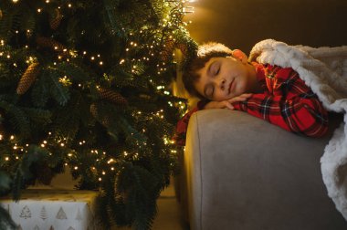 Genç çocuk, ışıklarla dolu bir Noel ağacının yanında, battaniyeyle kaplı bir kanepede huzur içinde uyuyor.