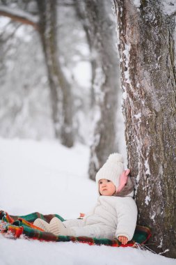 Karlı bir ormanda battaniyede oturan bebek. Çocuk soğuk havanın tadını çıkarıyor, korunmak için sıcacık bir şekilde sarmalanmış.