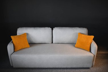 Zarif bir tasarımı ve canlı turuncu yastıkları olan modern yaşam kavramları için mükemmel konforlu çağdaş bir kanepe.