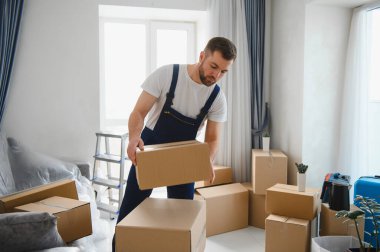 Tulumlu bir adam karton bir kutu taşıyor. Mobilyaları ve eşyaları yeni bir daireye taşıyor.