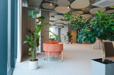 Çağdaş ofis alanı turuncu modüler koltuklar, yemyeşil bitkiler, ve modern akustik tavan panelleri olan ışık dolu bekleme alanı