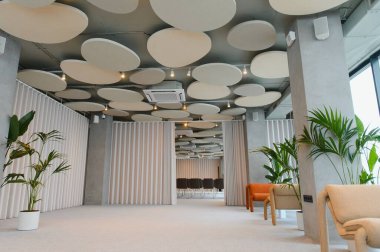 Benzersiz akustik tavan panelleri, saksı bitkileri ve minimalist bir ofiste şık bir oturma düzeninin yer aldığı çağdaş konferans salonu.