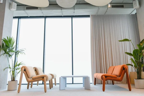 Yüksek pencereli ve yemyeşil bitkileri olan minimalist ofis ortamında şık, modern mobilyaların bulunduğu rahat bir dinlenme odası.