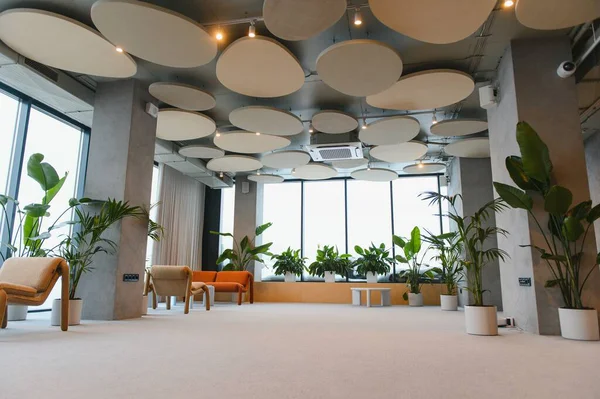 Modern lobi lobisinde tasarımcı mobilyaları, büyük pencereler ve çok sayıda yeşil fabrikalar karşılayıcı ve sürdürülebilir bir alan yaratıyor.
